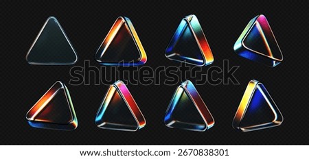 3D crystal glass triangles with refraction and iridescent effects isolated on dark background. Render transparent rotating glass prism with neon dispersion light and rainbow gradient. 3d vector figure