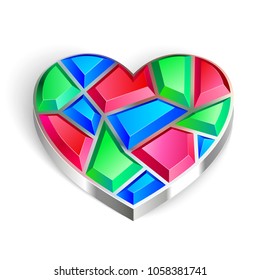 3d crystal heart shape object. Three colors, gloss polished effect on.