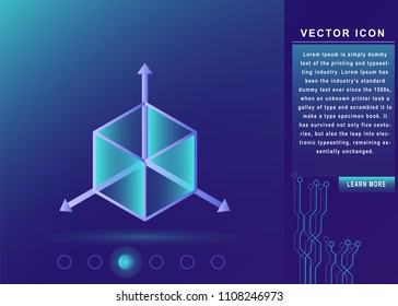 3d cube with axes, perspective icon, rotate sign