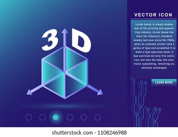 3d cube with axes, perspective icon, rotate sign, 3d modeling icon