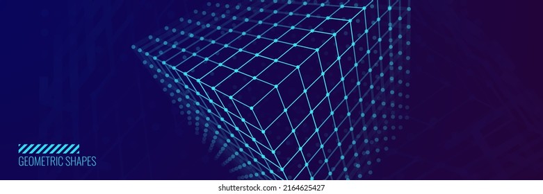 3D Cube Banner. Object With Dots And Lines. Molecular Grid. 3D Technology Style Baner Design. Vector Illustration. Futuristic Connection Structure For Technology Or Science Concept.