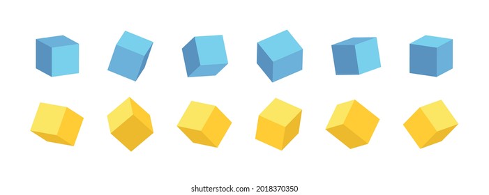 3d cube. 3d box in front. Color cubic blocks. Square mockup with perspective render. Blank cardboard or paper cube isolated on white background. Polyhedron object for graphic model and gift. Vector.