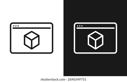 3D Cube in Browser Icon Vector Illustration Digital Modeling, Web Graphics, Interactive Design, and Virtual Reality Line Art.