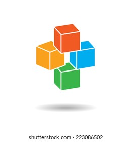 3d cube colored icon. Geometric symbol with shadow. 4 cube composition. Vector isolated. 10 eps