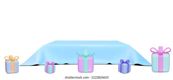 3D cube covered with a blue cloth with a gift box, minimal scene. Showcase for your products. Vector illustration.
