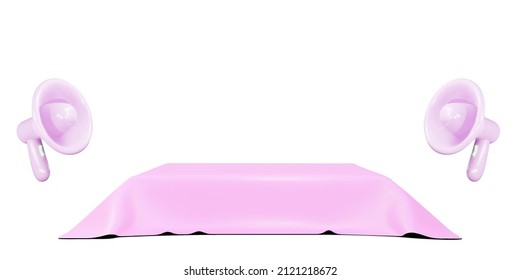 3D cube covered with a pink cloth with a megaphone, minimal scene. Showcase for your products. Vector illustration.