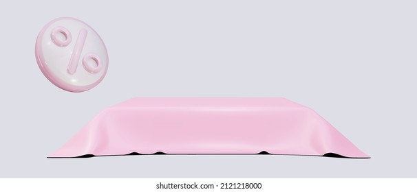 3D cube covered in pink fabric with a discount sign, minimal scene. Showcase for your products. Vector illustration.