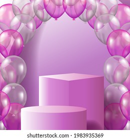 3d cube and cylinder pedestal podium stage product display with 3d balloon pink and white for wedding birthday or party celebration