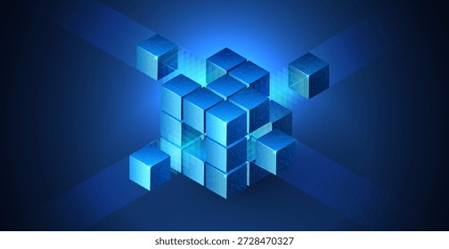 3D cube data background illustrating technology and blockchain network structure. Abstract geometric blocks for AI systems, business finance, cloud storage, cybersecurity and digital infrastructure - Powered by Shutterstock - Get 15% off with code: PIKWIZARD15