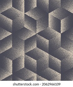 3D Cube Different Variations Stippled Isometric Seamless Pattern Technology Vector Abstract Background. Halftone Geometric Texture Dotted Repetitive Wallpaper. Retro Colors Hand Drawn Art Illustration