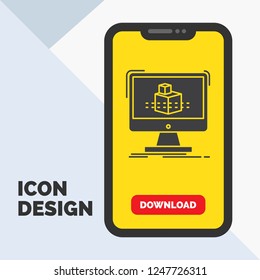 3d, cube, dimensional, modelling, sketch Glyph Icon in Mobile for Download Page. Yellow Background