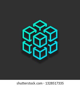 Cubo 3d con ocho bloques. Icono de las piezas de rubí o hielo. Colorido concepto de logo con una suave sombra sobre fondo oscuro. Color de icono del océano azul