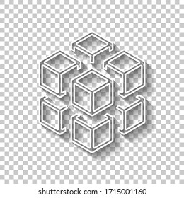 Cubo 3d con ocho bloques. Icono de las piezas de rubí o hielo. Signo de esquema blanco con sombra sobre fondo transparente