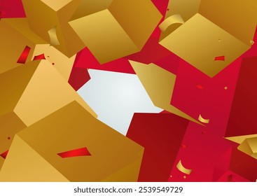 3d Cube Falling Metal Vector Grey Background. Yellow Square Flying Geometric Illustration. Orange Box Gift Banner. Geometry Shape Fashion Design.