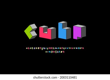 3d cube font in the multi colored, trendy alphabet, bold Latin letters and Arab numbers, vector illustration 10eps