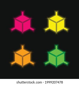 3d Cube four color glowing neon vector icon