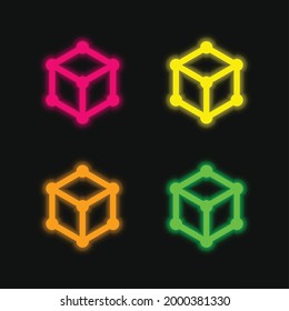 3D Cube four color glowing neon vector icon