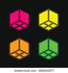 3d Cube four color glowing neon vector icon