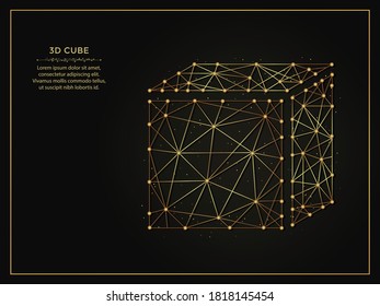 3d cube golden abstract illustration on a dark background. Geometric shape polygonal template made from lines and dots.