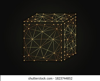 3d cube golden abstract illustration on a dark background. Geometric shape polygonal template made from lines and dots.