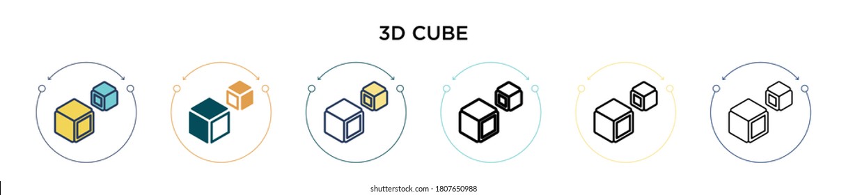 Icono de cubo 3d en estilo relleno, delgado, contorno y trazo. Ilustración vectorial de dos iconos de vector de cubo 3d de color y negro se puede utilizar para móviles, ui, web