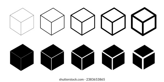 3d Cube Symbol. Cube, Linie, Vektorset. Kubismus-Grafik. Blockiert in Line Art. Box Symbol. Gebäude, Ladungsschild. geometrische Formen. Hexahedron-Gurtblock