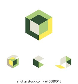 3d cube icons for logo or symbol. Gradient boxes or hexagons shaded with colors to make graphic dimensional squares. Green yellow and gray shades.