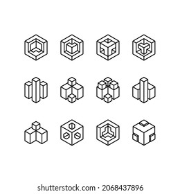 3D Cube icons set. Black outline design
