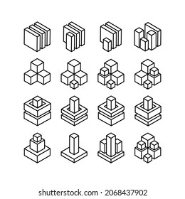 3D Cube icons set. Black outline design