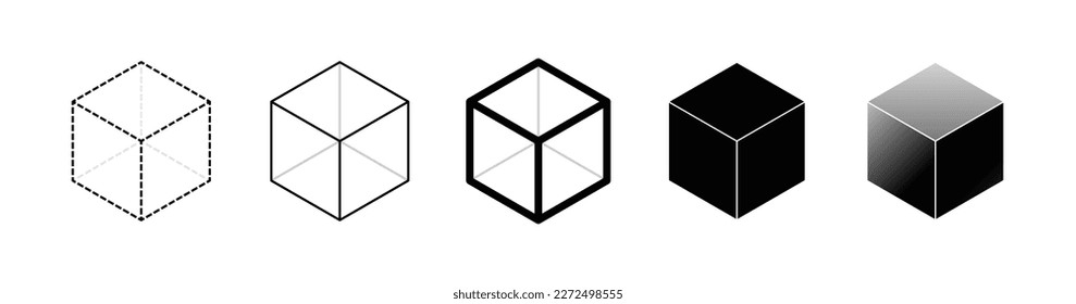 Iconos de cubo 3D. Conjunto de símbolos de cubos isométricos aislados en fondo blanco. Formas de hexágono. Ilustración vectorial. 