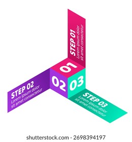 3D cube infographic with three steps for business and data presentation. Three colorful levels for business, workflow, or process visualization. Different perspectives with numbered parts. Vector.