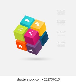 infográficos do cubo 3d. A ilustração vetorial pode ser usada para layout de fluxo de trabalho, diagrama, design da Web.