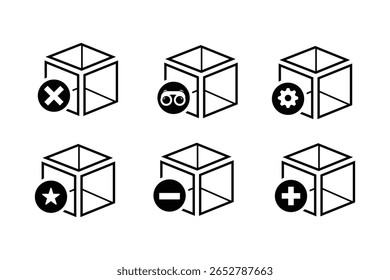 Ícones de interface de cubo 3D definidos - Adicionar, Remover, Configurações, Exibir, Favorito e Cancelar símbolos no estilo de linha mínimo