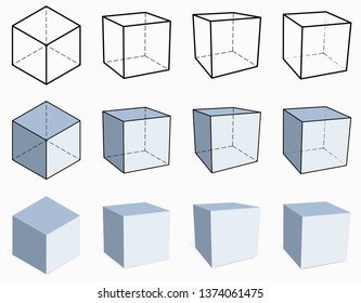 3D cube. Isometric and perspective view. Set of vector dimensional figures. Illustration for geometric, artistic and scientific design. Contour and solid cube options isolated on white background.