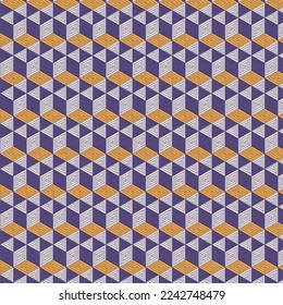 3D cube line seamless repeat pattern geometric background in purple and yellow color