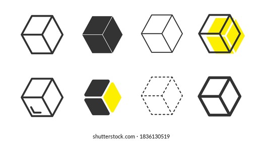 3d cube line vector icon. geometric linear logo sign. three-dimensional outline symbol isolated white background. modern shape template stock illustration