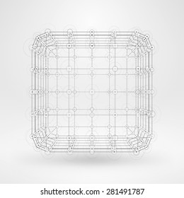 3D Cube with Lines and Dots. Vector Wireframe Polygonal Element