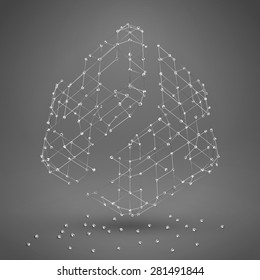 3D Cube With Lines And Dots. Vector Wireframe Polygonal Element