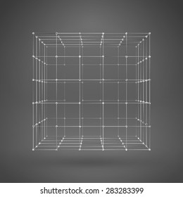 3D Cube With Lines And Dots. Vector Wireframe Polygonal Element