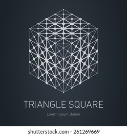 3d cube with low-poly mesh. Modern stylish logo. Design element with squares, triangles and rhombus. Vector logotype template. Grid structure.