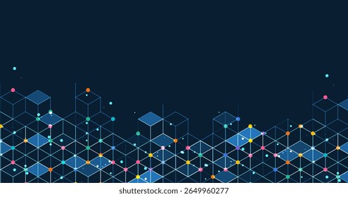 Design de malha de cubo 3D com elementos brilhantes em fundo escuro, perfeito para tecnologia digital, visualização de dados e temas de rede modernos.