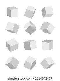 3d cube. Mockup of rectangle boxs. White blank squares. Carton blocks with shadow. Perspective models for design product and packaging. Template for stand, toy, platform and gift. Paper icons. Vector.