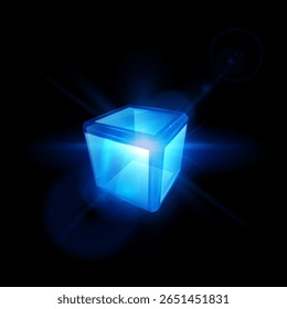 Cubo 3D com luz de fundo azul neon e raios de luz brilhantes com brilho do centro. Energia, rede cibernética. Resumo. Armazenamento de dados. Inteligência artificial. Ilustração vetorial. Fundo preto.