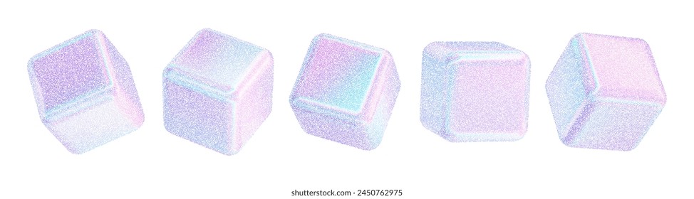 cubo 3d con efecto holograma de gradiente de ruido. Establecer figura cuadrada de gradación de semitonos. Y2k forma holográfica textura granulada arenosa. Ilustración vectorial de puntitos de cubos de ruido de puntos de colores.