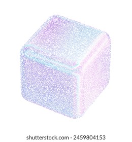 cubo 3d con efecto holograma de gradiente de ruido. Figura cuadrada de gradación de semitonos. Y2k forma holográfica textura granulada arenosa. Ilustración vectorial de puntitos de cubos de ruido de puntos de colores.