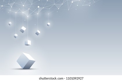 3d cube on the floor with among a group of cubes hanging from the top. Science and technology background. Big data and Internet. Abstract background. Vector illustration.