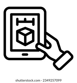 3d cube on tablet line icon. 3D modeling on digital tablet vector illustration isolated on white. 3d design outline style designed for and app.