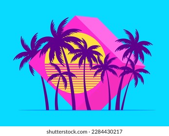 3d cube with palm trees at sunset in the style of the 80s. Futuristic advertising banner with palm trees in virtual reality, metaverse. Synthwave and retrowave style. Vector illustration