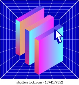 3D cube with perspective grid. Retrofuturistic vector illustration in Vaporwave and Retrowave 80's-90's aesthetics style.