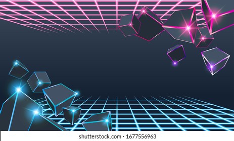 3D Cube Pink and Blue neon Box Perspective Abstract Background